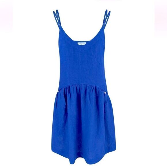 NWT Haris Cotton 100% linen Lapis blue Easy Fit Linen Strap dress with ruffles - Picture 1 of 8
